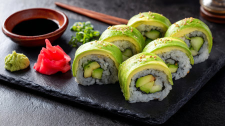 Delight in this fresh avocado sushi roll platter, complete with soy sauce, wasabi, and pickled ginger, perfect for culinary enthusiasts and healthy eaters alike.の素材