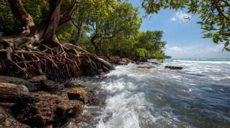 A picturesque coastal view showcasing the beauty of mangrove trees along the shoreline, where gentle waves lap against rocks under a radiant blue sky.の素材