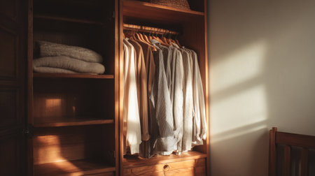 A beautiful wooden wardrobe showcases neatly arranged clothing with soft linens, all bathed in warm sunlight. This inviting scene exemplifies a tidy and cozy home atmosphere.の素材