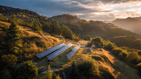 A breathtaking landscape featuring solar panels installed on a hillside surrounded by greenery, showcasing sustainable energy production amid a stunning sunset.の素材