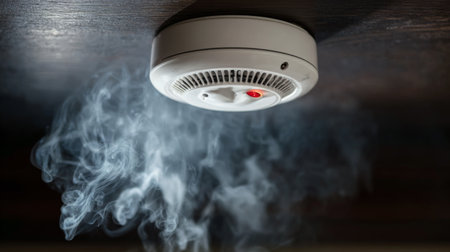 A smoke detector installed on a ceiling, actively signaling with smoke present, highlighting its importance in fire safety and prevention in homes and workplaces.の素材
