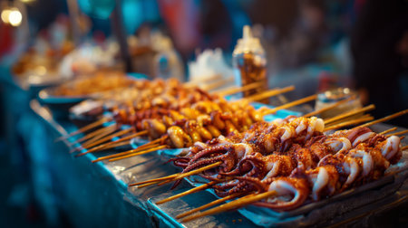 A vibrant street food stall showcases a variety of grilled skewers featuring fresh seafood and meat. The colorful display entices passersby in a lively night market.の素材