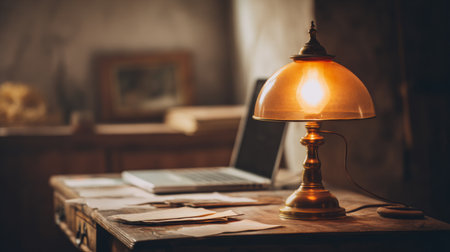A vintage lamp casts a warm glow over scattered papers and a laptop on a wooden desk, creating a cozy and inviting workspace perfect for creativity and productivity.の素材