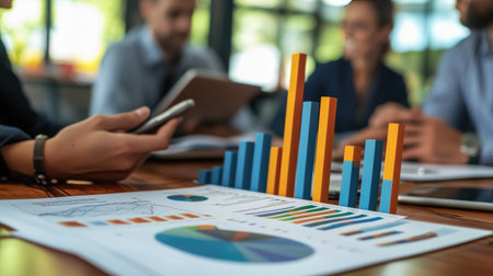 A business meeting featuring a data analysis discussion with charts and graphs displayed on a table. Professionals engage with technology and strategies for success.の素材