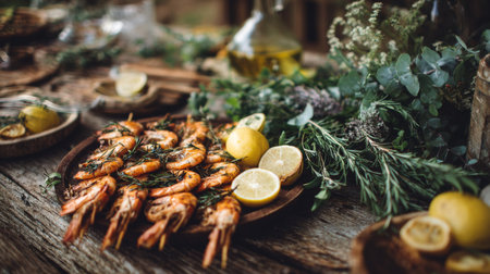 Indulge in the vibrant presentation of grilled shrimp artfully arranged on a rustic wooden table, enhanced by fresh herbs and zesty lemon slices, perfect for gatherings.の素材