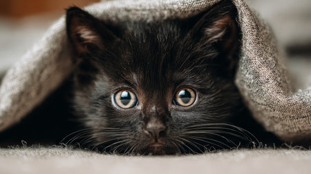 A cute black kitten is peeking from under a soft blanket, showcasing bright blue eyes and an adorable expression, capturing a moment of cozy warmth and tranquility.の素材