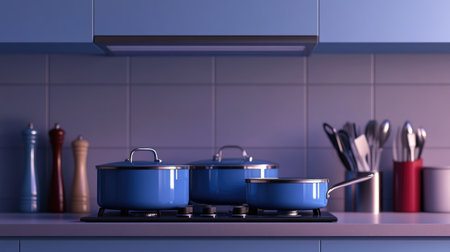 A vibrant blue kitchen setup featuring stylish cookware on a stovetop. Perfect for showcasing modern home cooking, culinary creativity, and elegant design.の素材
