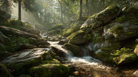 A tranquil forest scene displaying a gentle stream winding through moss-covered rocks, illuminated by soft sunlight filtering through the lush greenery.の素材