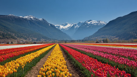 A breathtaking view of vibrant tulip fields stretching under a clear blue sky, framed by majestic mountains, capturing the essence of springtime beauty and tranquility.の素材