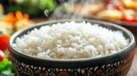 A close-up view of fresh steaming rice in a traditional bowl, surrounded by vibrant ingredients. Perfect for culinary-themed projects or food photography.の素材