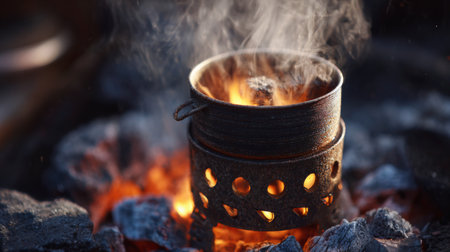 Experience the warmth of outdoor cooking with this close-up of a traditional metal pot simmering over a campfire, surrounded by glowing embers and rising steam.の素材