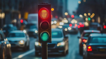 A vibrant traffic light standing tall in an urban setting, showcasing a red and green signal. Cars are blurred in motion, creating a dynamic evening scene.の素材