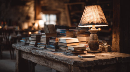 A charming scene featuring a rustic wooden table adorned with stacked books and a softly glowing lamp, perfect for creating a warm reading environment.の素材