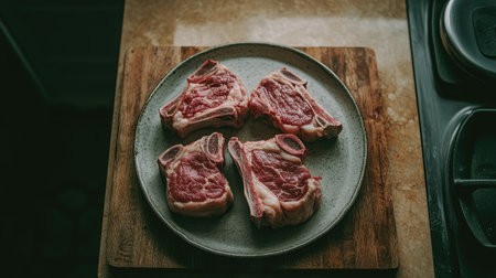 Four fresh raw meat chops arranged on a rustic plate, ideal for any culinary preparation. Perfect for grill enthusiasts and home cooks.の素材