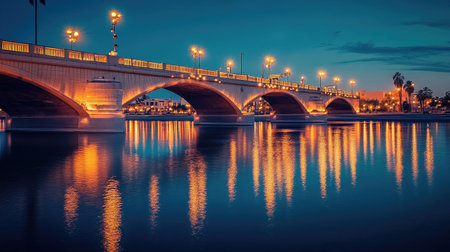 A stunning view of a bridge illuminated at night, reflecting beautifully on the calm waters below. Perfect for travelers and cityscape enthusiasts.の素材