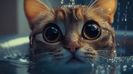 A stunning close-up of a curious cat's face emerging from water, featuring big expressive eyes and droplets glistening on its fur, evoking a sense of wonder.の素材