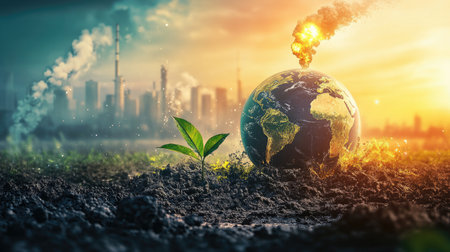 A striking visual representing the environmental crisis, showcasing a sprouting plant against a polluted city landscape, symbolizing hope amidst destruction.の素材