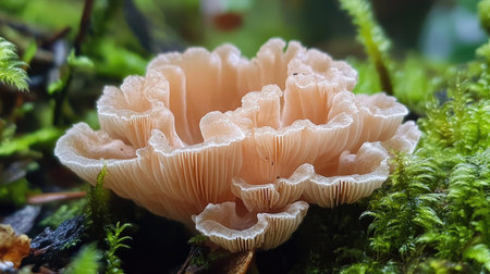 A captivating close-up of a delicate pink mushroom nestled in lush greenery, showcasing nature's beauty and intricate textures in a serene forest environment.の素材