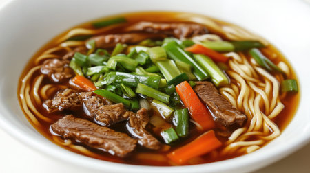 A vibrant bowl of beef noodle soup featuring tender beef, fresh green onions, and colorful vegetables. Perfect for a hearty meal or cozy dinner.の素材