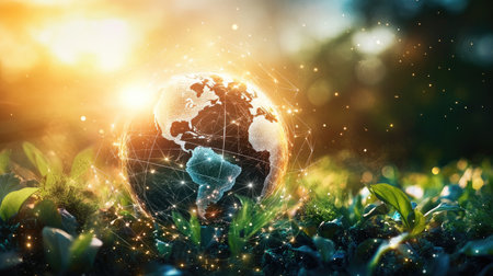 A digital globe glows with connections above green plants during sunrise, symbolizing the harmony between technology and nature.の素材