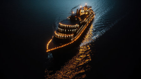 A stunning cruise ship illuminated at night gliding over calm waters, creating a picturesque scene filled with reflections and serene ambiance. Perfect for travel and adventure themes.の素材