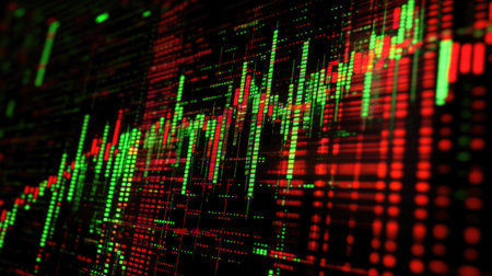 Abstract visualization of stock market data shows dynamic trends with green and red colors. Ideal for finance and trading concepts in digital environments.の素材