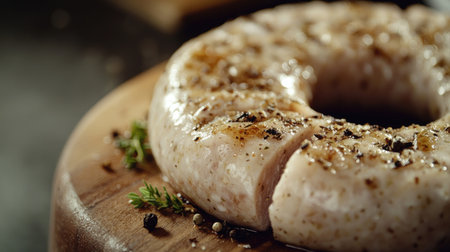 A close-up view of savory sausage displayed on a wooden board. The sausage is seasoned with spices and herbs, showcasing a delicious and appetizing presentation ideal for culinary enthusiasts.の素材