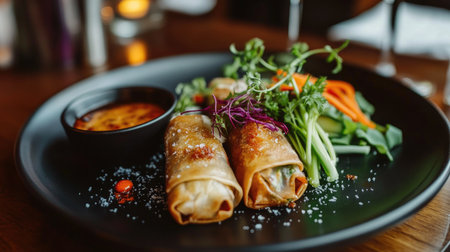 A beautifully presented plate of crispy spring rolls served with fresh vegetables and a rich dipping sauce, perfect for a delightful appetizer experience.の素材