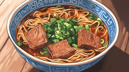 A vibrant bowl of noodles topped with tender beef and fresh green onions, capturing the essence of comfort food in a delightful presentation. Perfect for culinary enthusiasts.の素材