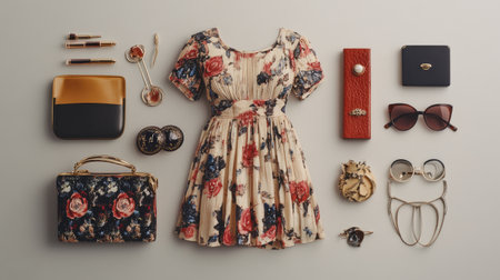 A beautifully arranged flat lay of a floral dress and fashionable accessories. This composition showcases various items, perfect for lifestyle or fashion themes.の素材