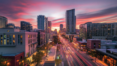 A stunning cityscape during sunset showcases vibrant colors in the sky. The bustling street below is alive with traffic, representing urban life.の素材