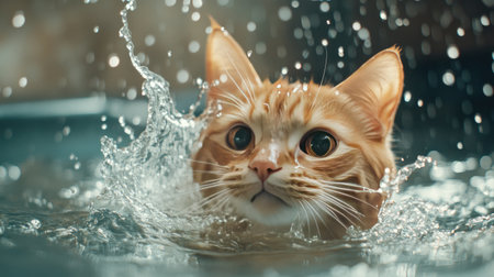 An adorable orange cat looks surprised while swimming in water, surrounded by splashing droplets. A captivating moment of pet playfulness and nature.の素材