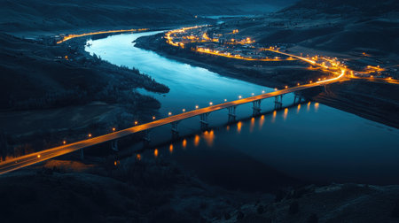 A breathtaking aerial view of a bridge over a calm river at night. The scene is illuminated by glowing city lights, surrounded by rolling hills, creating a serene atmosphere.の素材