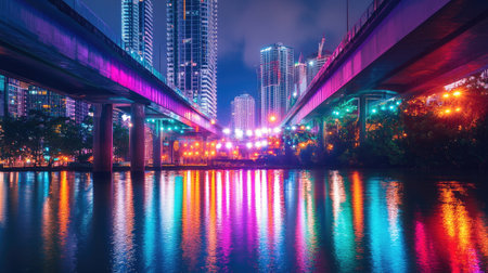 A stunning night view of an urban landscape featuring colorful lights reflecting on calm water, creating a serene atmosphere under a bridge.の素材
