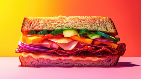 A colorful sandwich with layers of fresh vegetables and meats, set against a bright background. Perfect for showcasing vibrant meal options.の素材