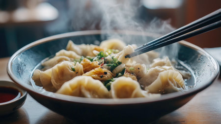 A steaming bowl of delicious dumplings served with fresh herbs and chopsticks, perfect for a flavorful meal or a comforting snack. Culinary delight!の素材