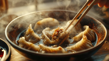 A close-up view of delicious steaming dumplings served in a bowl, with chopsticks ready to pick up the perfect bite. Ideal for food lovers.の素材