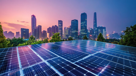 A stunning view of solar panels situated atop a building, capturing the beautiful transition from day to night in a vibrant urban cityscape.の素材