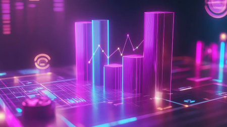 This image features a vibrant digital data visualization with glowing graphs and bar charts, perfect for illustrating technology, analysis, and modern business insights.の素材