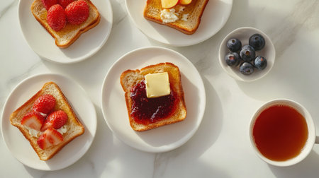 A delightful breakfast scene featuring toast topped with jam, butter, and fresh fruits like strawberries and blueberries, complemented by a cup of tea.の素材