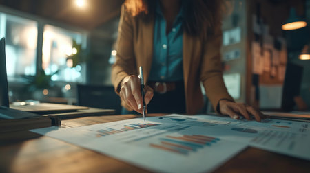 A business analyst focuses on detailed financial reports with graphs and charts. The modern office setting highlights analysis and collaboration in a professional environment.の素材
