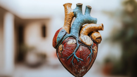 A vibrant heart model showcasing detailed anatomical features with a blurred background, perfect for educational, artistic, or medical themes.の素材