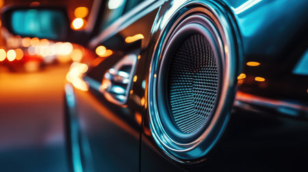 A detailed close-up shot of a car speaker highlighting its sleek design in an urban night setting. The image captures the vibrant atmosphere and stylish technology, perfect for automotive and lifestyle themes.の素材