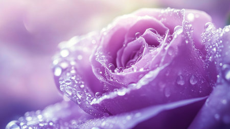 A stunning close-up of a purple rose adorned with water drops, showcasing the beauty of nature. Soft light enhances the delicate petals, creating a romantic and serene atmosphere.の素材