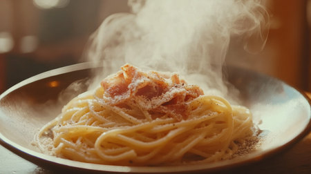 A mouthwatering plate of freshly cooked spaghetti with steam rising, garnished with crispy bacon and a sprinkle of cheese, perfect for any meal.の素材