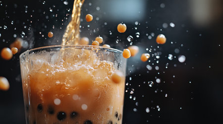 A vibrant glass of refreshing drink splashes with bubbles and droplets, creating an inviting scene perfect for summer enjoyment and celebration.の素材