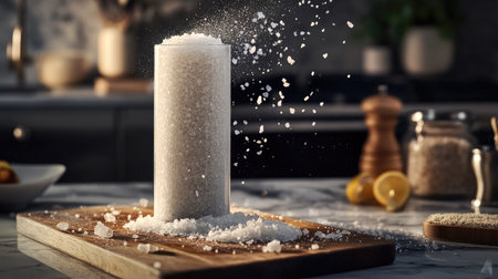 A captivating image of salt appearing to float above a wooden surface in a modern kitchen setting, emphasizing its essential role in culinary artistry and flavor enhancement.の素材
