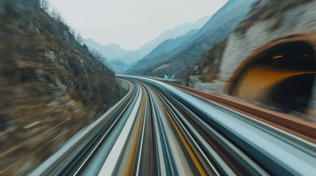 Experience the dynamic motion of a curving railway track nestled in mountainous terrain, showcasing scenic landscapes and the essence of travel.の素材