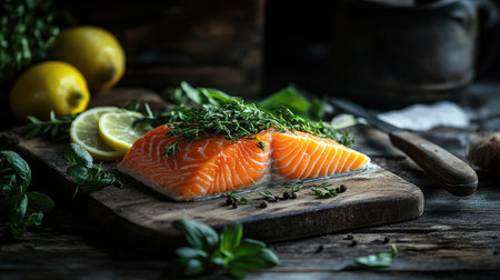 A beautifully arranged piece of fresh salmon garnished with herbs and citrus slices on a rustic wooden board, ideal for cooking enthusiasts.の素材