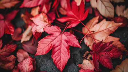 A stunning array of vibrant red autumn leaves scattered on the ground, showcasing the beauty of nature during fall. A perfect depiction of seasonal change.の素材